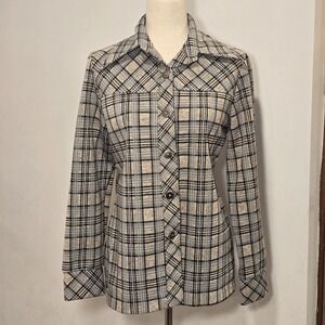70s Womens Beeline Fashion Vtg‎ Gray Tan Plaid Dagger Collar Blazer Jacket 14
